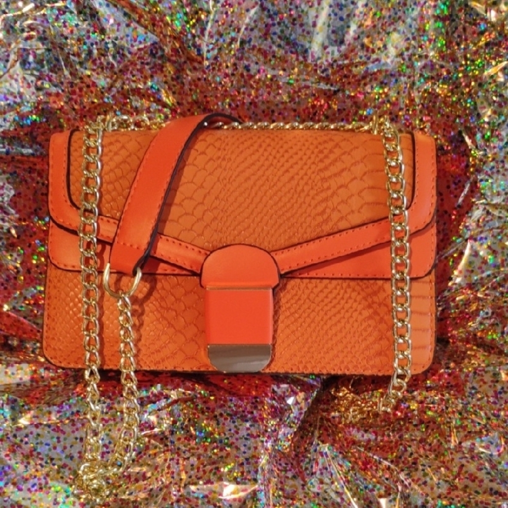 Orange Crossbody Bag with Gold Chain